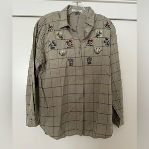 Button-Down Embroidered Plaid Shirt - Beige